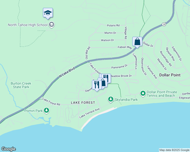 map of restaurants, bars, coffee shops, grocery stores, and more near 3101 Lake Forest Road in Tahoe City