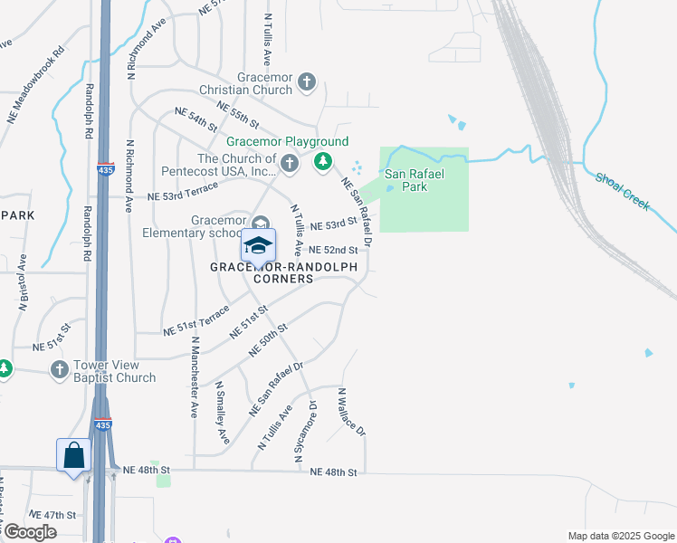 map of restaurants, bars, coffee shops, grocery stores, and more near 8168 Northeast 51st Street in Kansas City