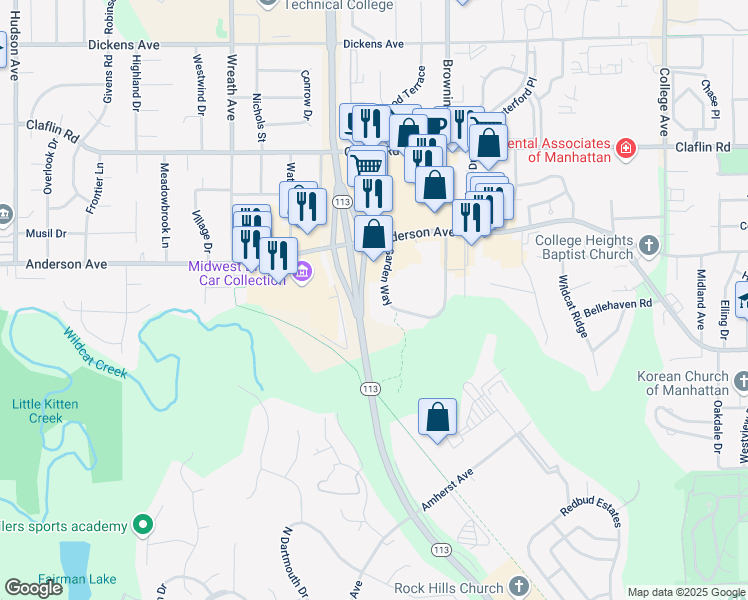 map of restaurants, bars, coffee shops, grocery stores, and more near 1119 Garden Way in Manhattan