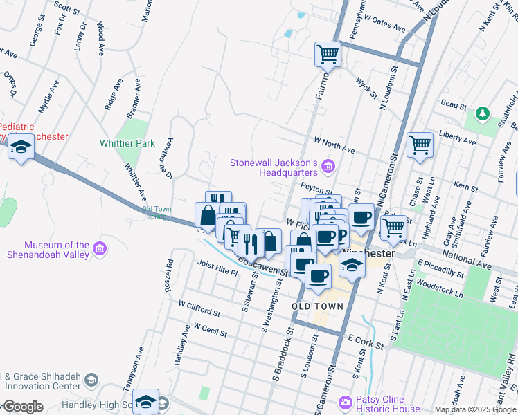map of restaurants, bars, coffee shops, grocery stores, and more near 121 Morgan Street in Winchester