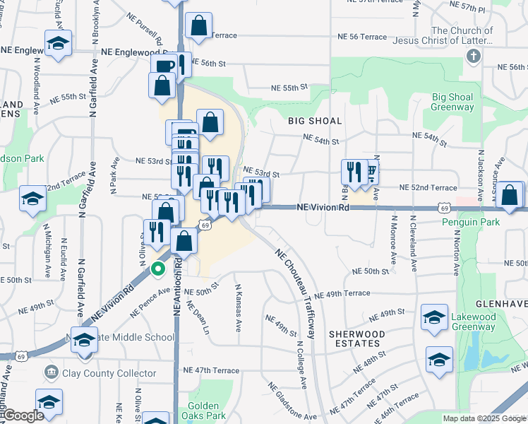 map of restaurants, bars, coffee shops, grocery stores, and more near 3009 U.S. 69 in Kansas City