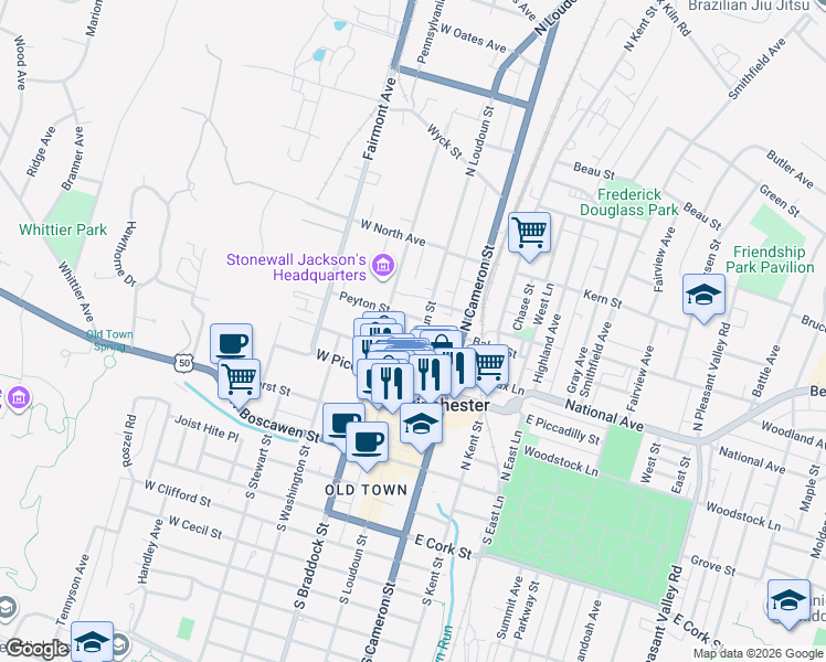 map of restaurants, bars, coffee shops, grocery stores, and more near 301 North Loudoun Street in Winchester