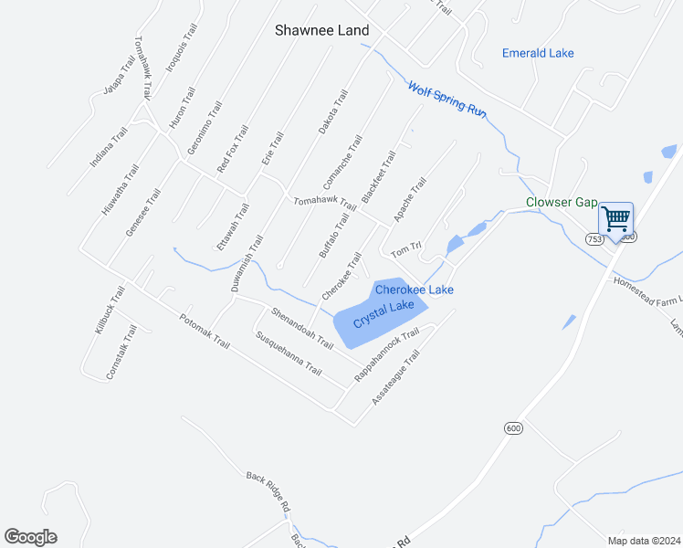 map of restaurants, bars, coffee shops, grocery stores, and more near 120 Cherokee Trail in Winchester