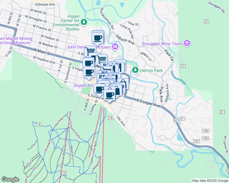 map of restaurants, bars, coffee shops, grocery stores, and more near 685 East Cooper Avenue in Aspen