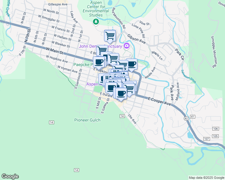 map of restaurants, bars, coffee shops, grocery stores, and more near 409 South Hunter Street in Aspen