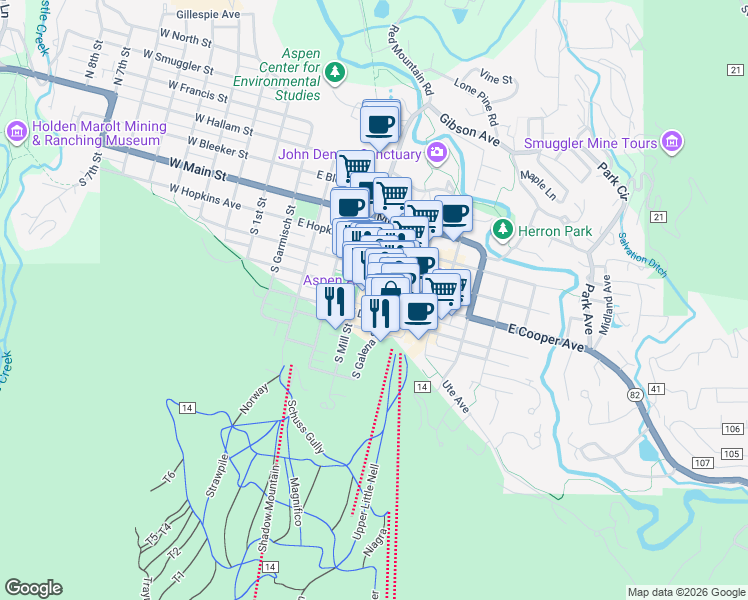 map of restaurants, bars, coffee shops, grocery stores, and more near 272 East Durant Avenue in Aspen