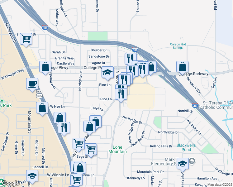 map of restaurants, bars, coffee shops, grocery stores, and more near 3218 North Roop Street in Carson City