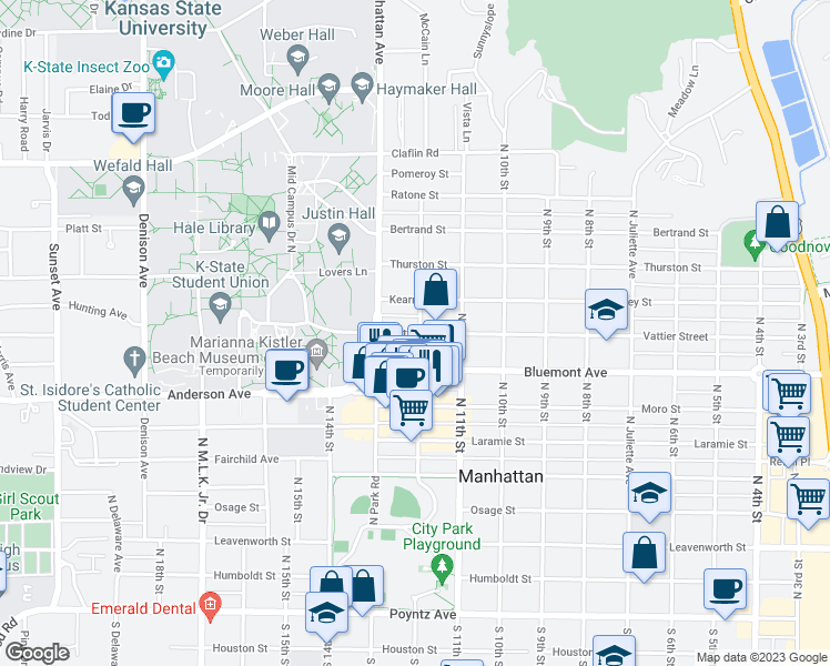 map of restaurants, bars, coffee shops, grocery stores, and more near 1202 Vattier Street in Manhattan