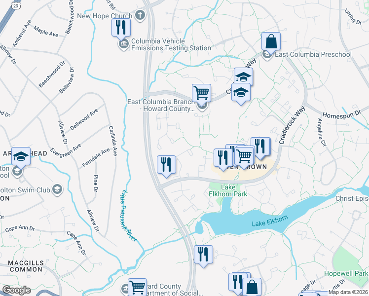 map of restaurants, bars, coffee shops, grocery stores, and more near 7473 Hickory Log Circle in Columbia