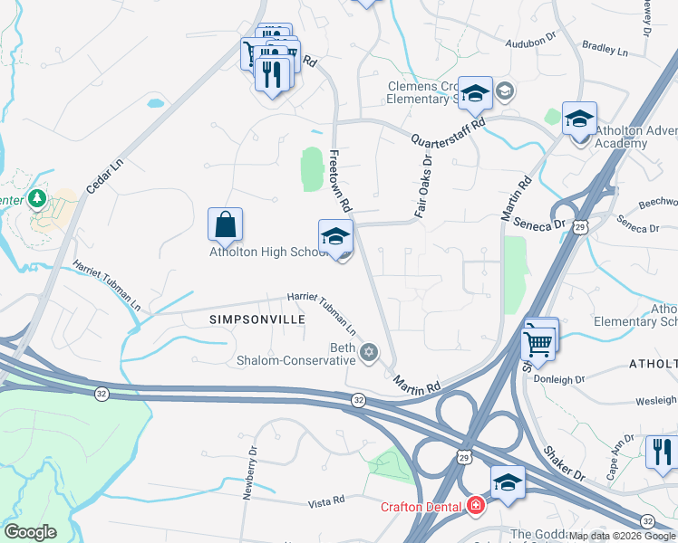 map of restaurants, bars, coffee shops, grocery stores, and more near 6520 Freetown Road in Columbia
