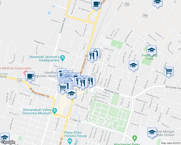 map of restaurants, bars, coffee shops, grocery stores, and more near 414 North Kent Street in Winchester