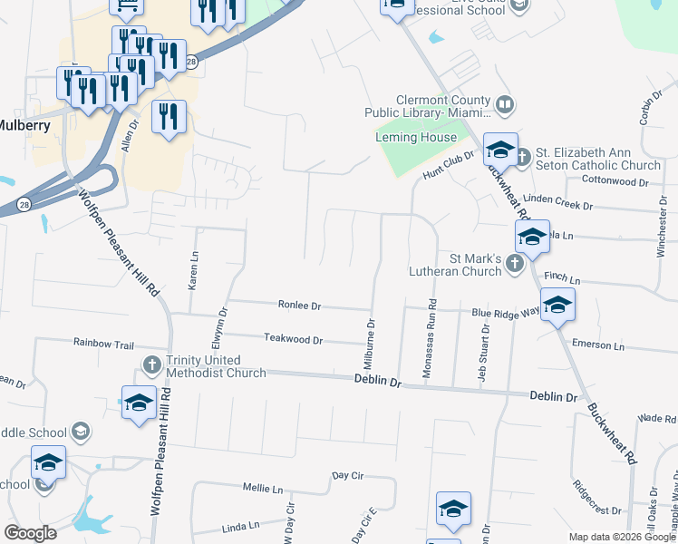 map of restaurants, bars, coffee shops, grocery stores, and more near 1631 Squires Wood Court in Milford