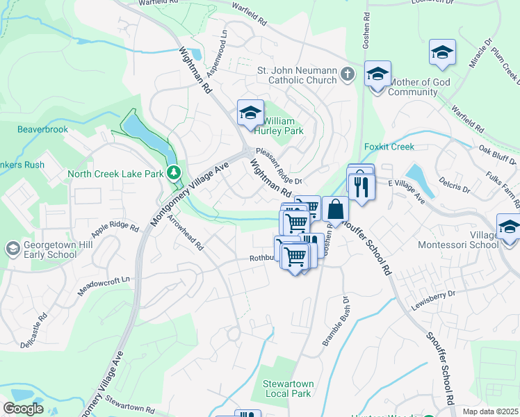map of restaurants, bars, coffee shops, grocery stores, and more near 10 Lea Pond Court in Gaithersburg