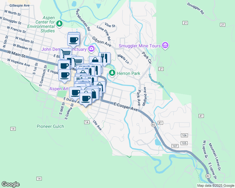 map of restaurants, bars, coffee shops, grocery stores, and more near 917 East Hyman Avenue in Aspen