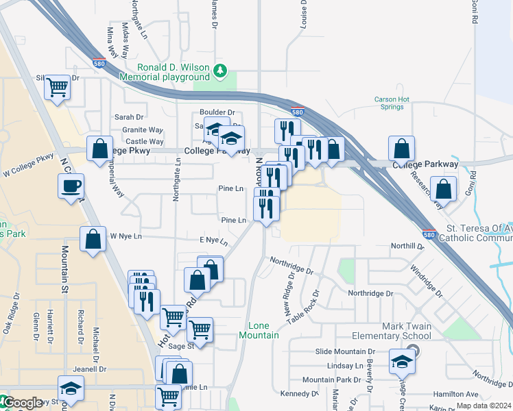 map of restaurants, bars, coffee shops, grocery stores, and more near 3218 North Roop Street in Carson City