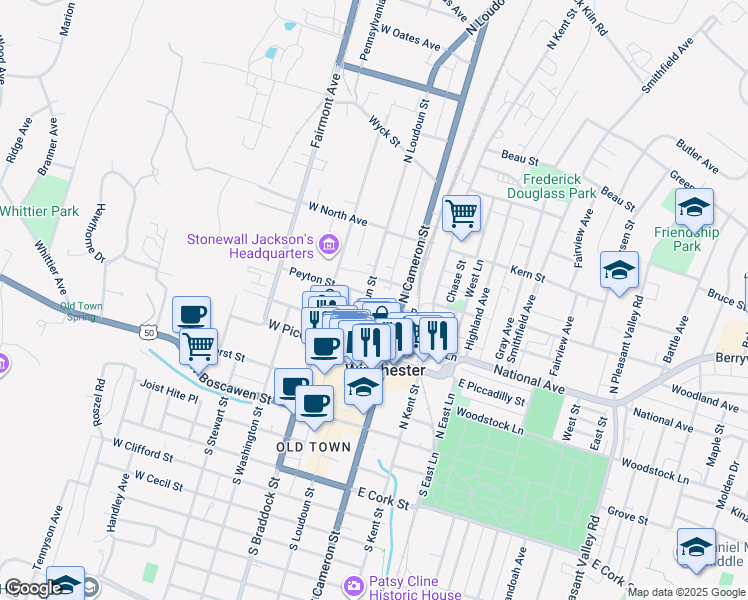 map of restaurants, bars, coffee shops, grocery stores, and more near in Winchester