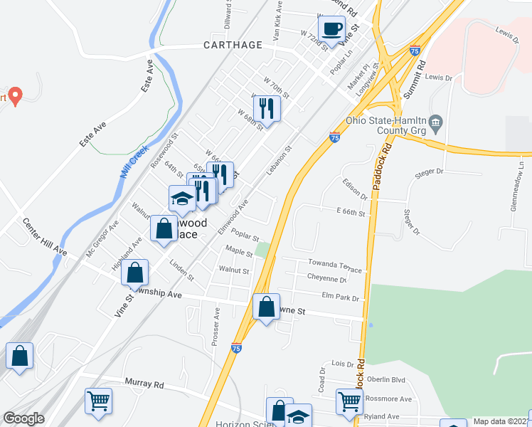 map of restaurants, bars, coffee shops, grocery stores, and more near 6496 Hasler Lane in Elmwood Place