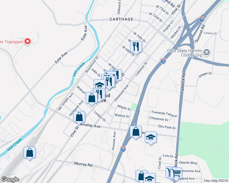 map of restaurants, bars, coffee shops, grocery stores, and more near 304 Oak Street in Elmwood Place