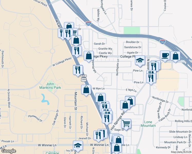map of restaurants, bars, coffee shops, grocery stores, and more near 3100 Imperial Way in Carson City