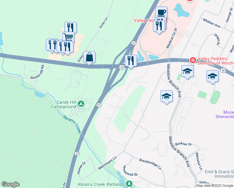 map of restaurants, bars, coffee shops, grocery stores, and more near 2018 Colin Drive in Winchester