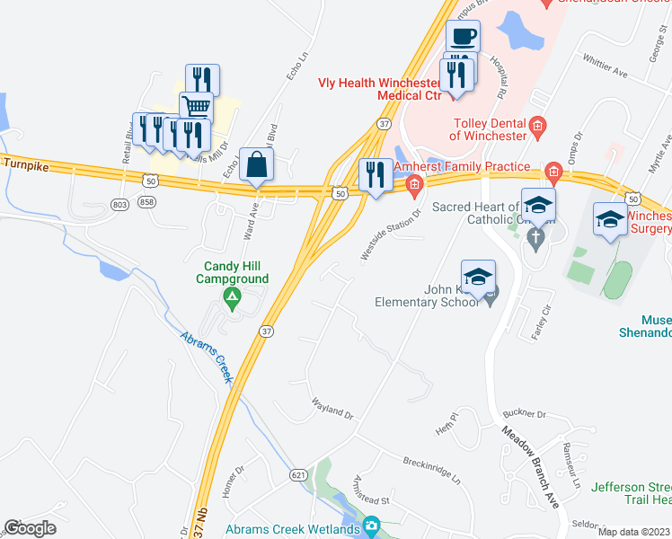 map of restaurants, bars, coffee shops, grocery stores, and more near 2018 Colin Drive in Winchester