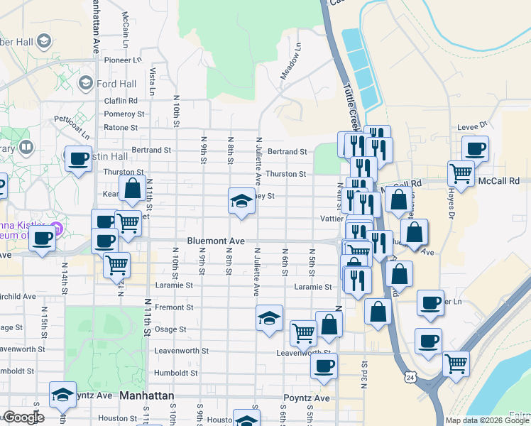 map of restaurants, bars, coffee shops, grocery stores, and more near 611 Vattier Street in Manhattan