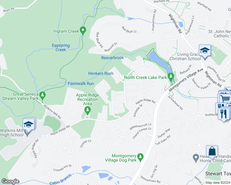 map of restaurants, bars, coffee shops, grocery stores, and more near 20253 Maple Leaf Court in Montgomery Village