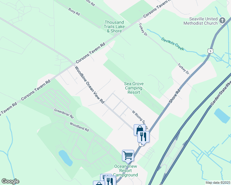 map of restaurants, bars, coffee shops, grocery stores, and more near 80 West Rising Sun Drive in Dennis Township