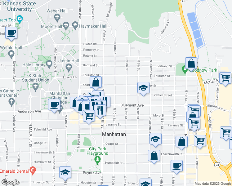 map of restaurants, bars, coffee shops, grocery stores, and more near 928 Vattier Street in Manhattan