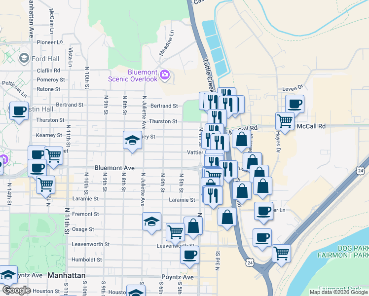 map of restaurants, bars, coffee shops, grocery stores, and more near 430 Vattier Street in Manhattan