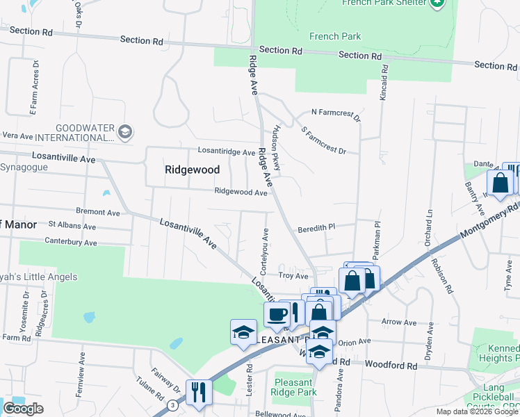 map of restaurants, bars, coffee shops, grocery stores, and more near 6269 Cortelyou Avenue in Cincinnati