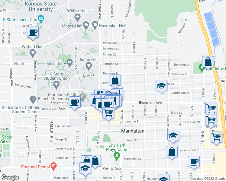map of restaurants, bars, coffee shops, grocery stores, and more near 1126 Vattier Street in Manhattan