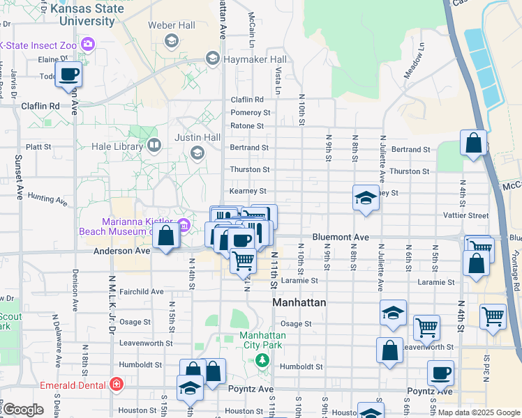 map of restaurants, bars, coffee shops, grocery stores, and more near 1118 Vattier Street in Manhattan