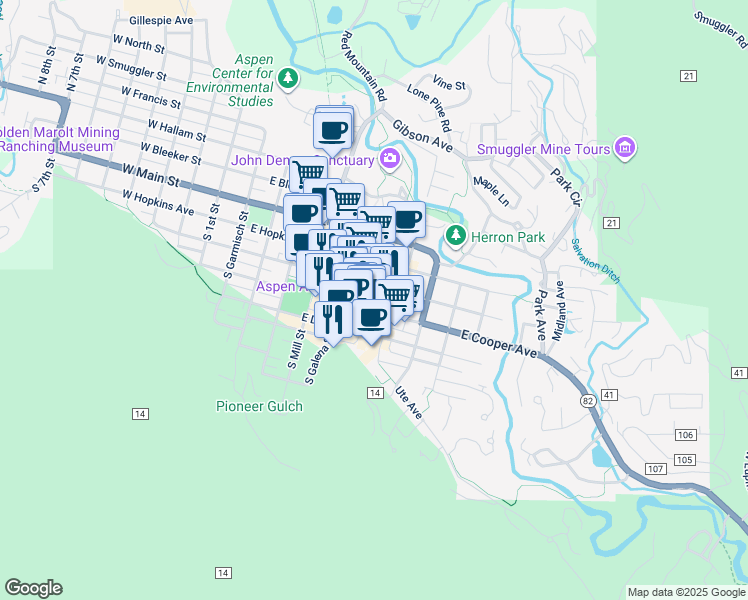 map of restaurants, bars, coffee shops, grocery stores, and more near 409 South Hunter Street in Aspen