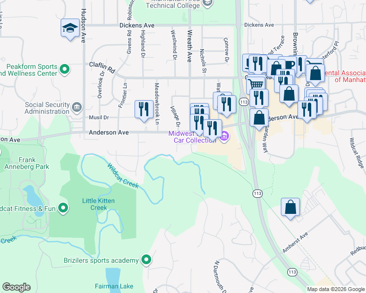 map of restaurants, bars, coffee shops, grocery stores, and more near 901 Village Drive in Manhattan