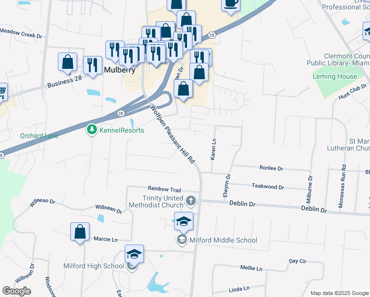 map of restaurants, bars, coffee shops, grocery stores, and more near 5838 Wolfpen Pleasant Hill Road in Milford