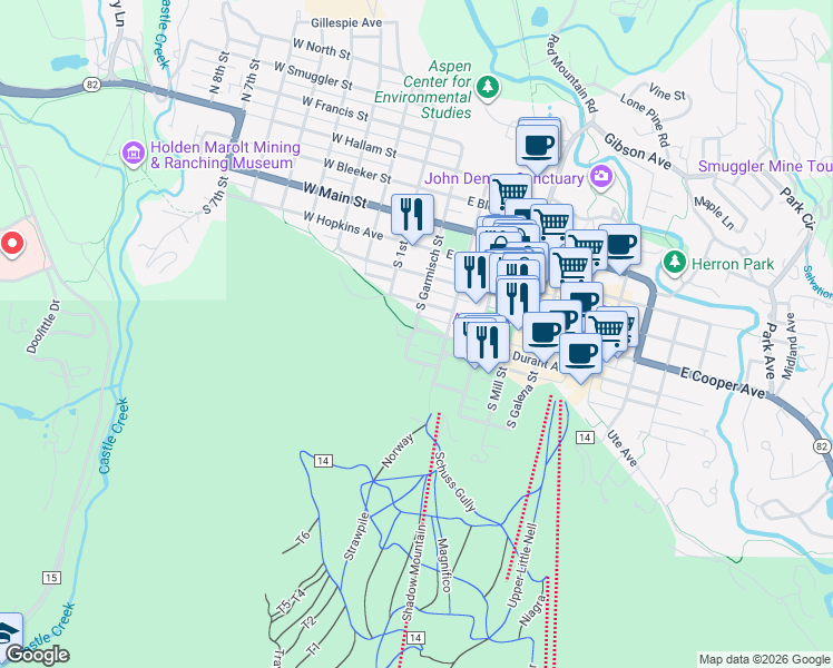 map of restaurants, bars, coffee shops, grocery stores, and more near 105 East Dean Street in Aspen