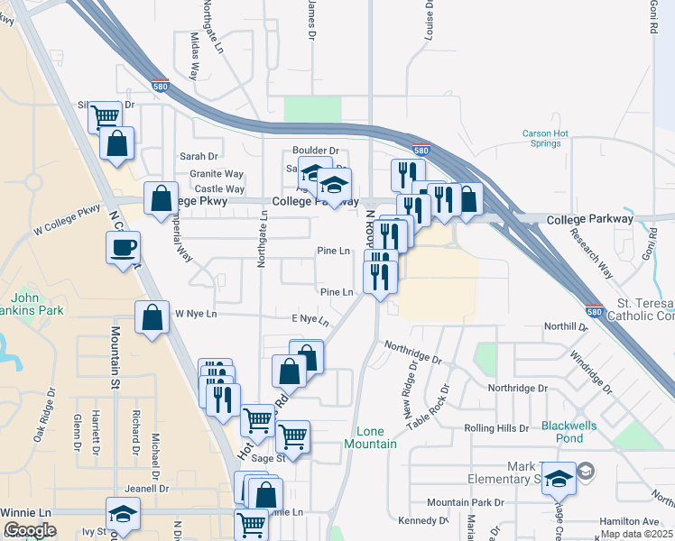 map of restaurants, bars, coffee shops, grocery stores, and more near 704 Hot Springs Road in Carson City