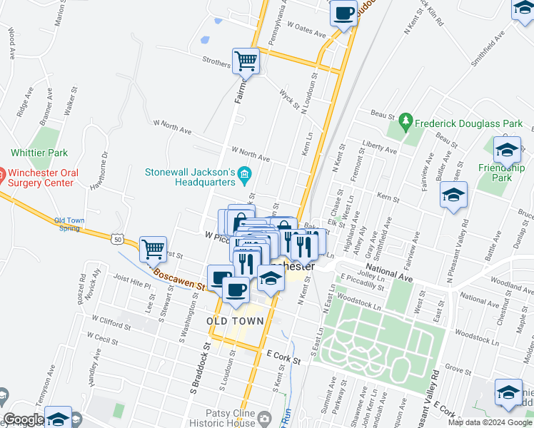 map of restaurants, bars, coffee shops, grocery stores, and more near 301 North Loudoun Street in Winchester