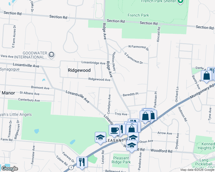 map of restaurants, bars, coffee shops, grocery stores, and more near 6269 Cortelyou Avenue in Cincinnati