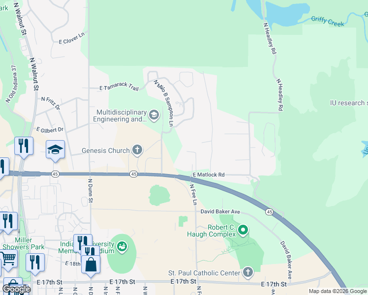 map of restaurants, bars, coffee shops, grocery stores, and more near in Bloomington