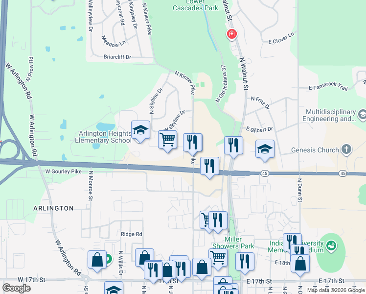 map of restaurants, bars, coffee shops, grocery stores, and more near in Bloomington