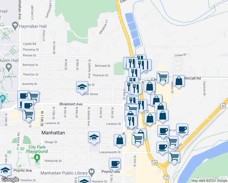 map of restaurants, bars, coffee shops, grocery stores, and more near 417 Vattier Street in Manhattan