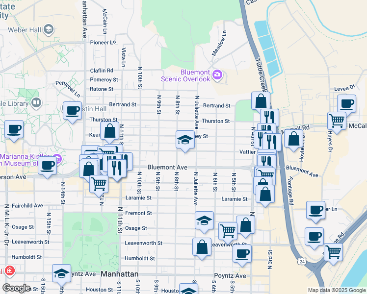 map of restaurants, bars, coffee shops, grocery stores, and more near 714 Bluemont Avenue in Manhattan
