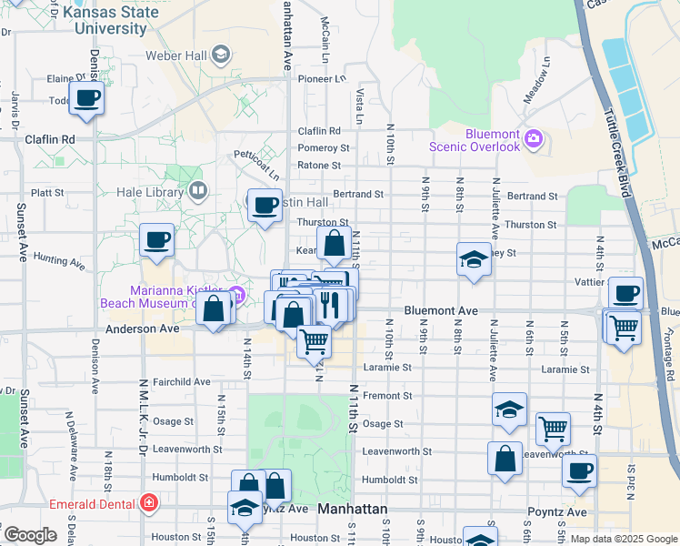 map of restaurants, bars, coffee shops, grocery stores, and more near 1114 Vattier Street in Manhattan