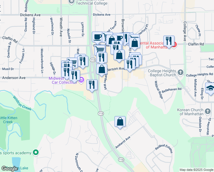 map of restaurants, bars, coffee shops, grocery stores, and more near 1102 Garden Way in Manhattan