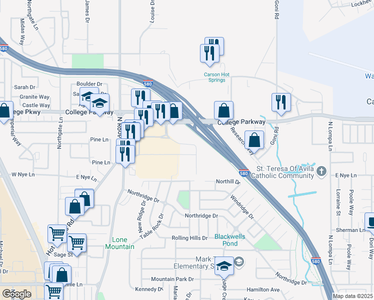 map of restaurants, bars, coffee shops, grocery stores, and more near 3185 Market Street in Carson City