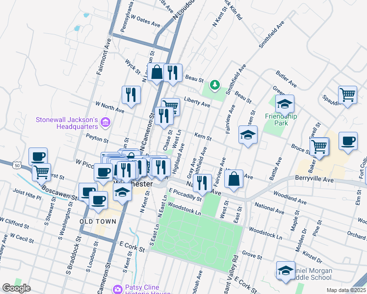 map of restaurants, bars, coffee shops, grocery stores, and more near 424 Highland Avenue in Winchester