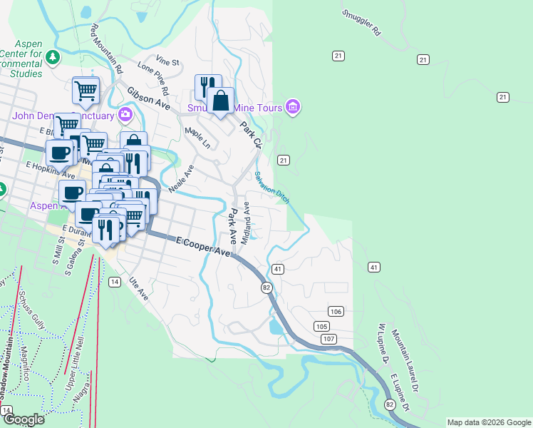 map of restaurants, bars, coffee shops, grocery stores, and more near 25 Ardmore Ct in Aspen