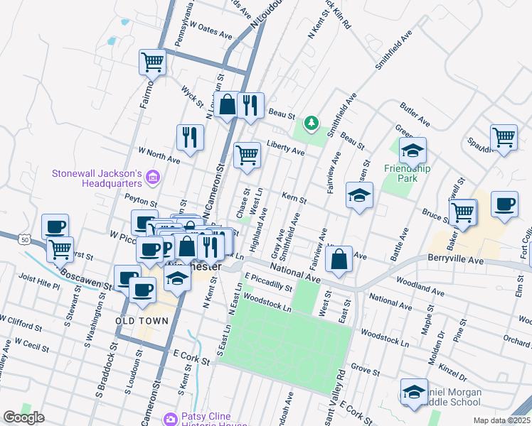 map of restaurants, bars, coffee shops, grocery stores, and more near 424 Highland Avenue in Winchester